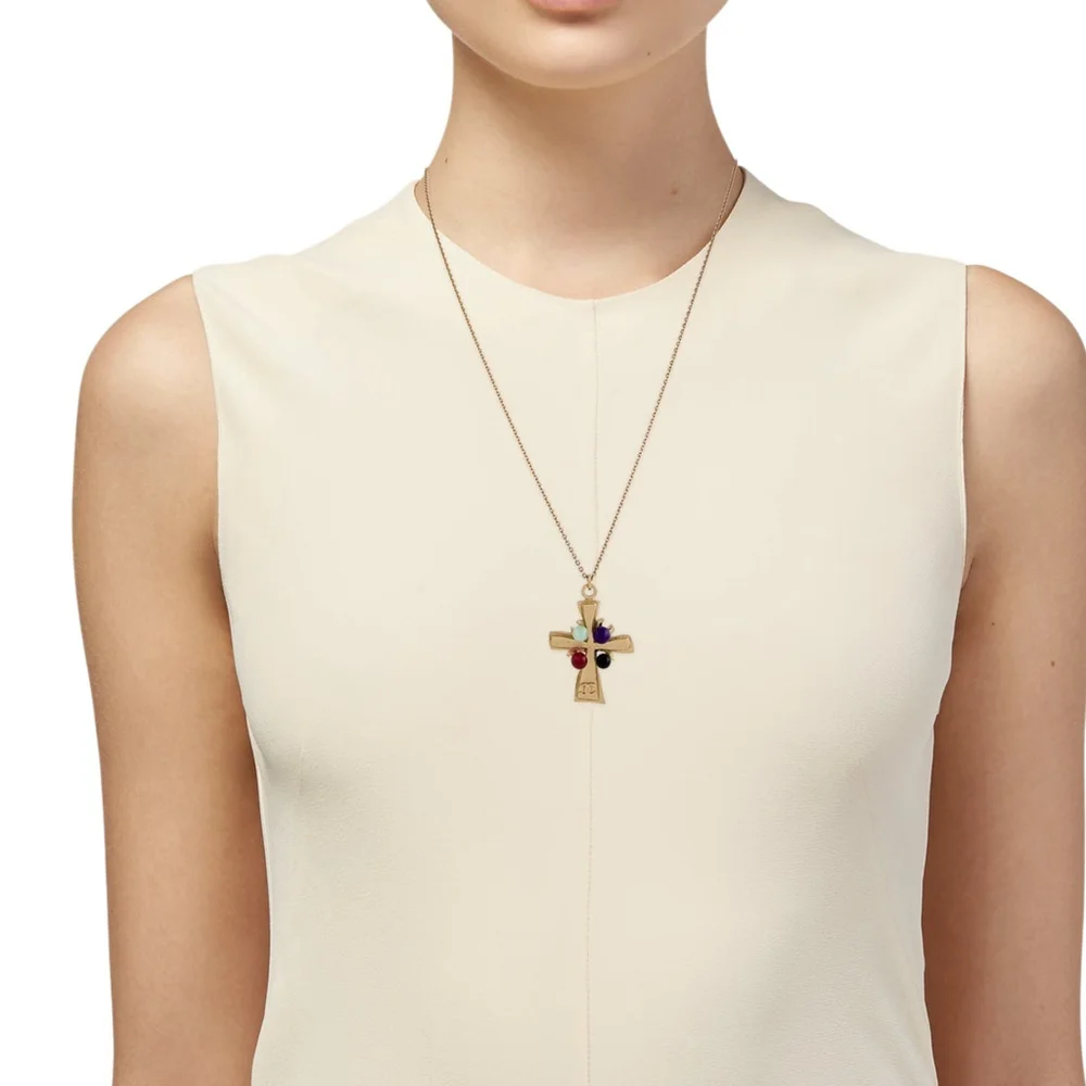 VTG Chanel Gripoix Gold-Plated Multi-Color Poured Glass Cross Pendant Necklace